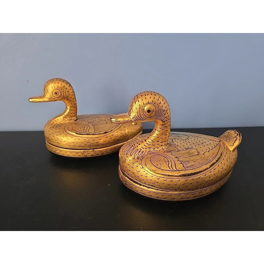 Pair of‎ Burmese Gold Gilt Lacquerware Ducks Trinket Boxes